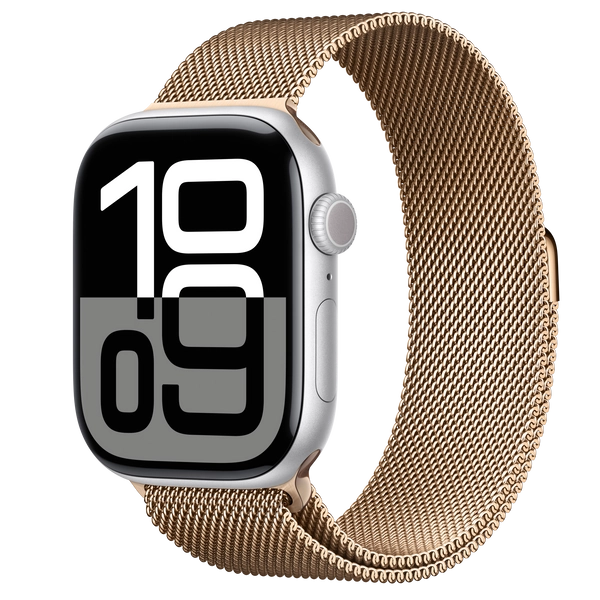 Apple Watch Series 10 GPS + Cellular, 46mm Silver Aluminium Case with Gold Milanese Loop - S/M