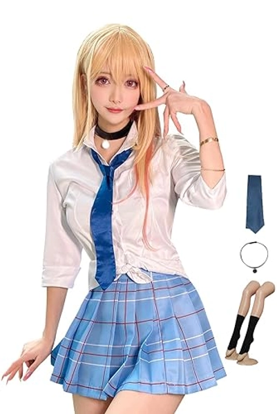 Roocnie Womens Japanese School Girl Uniform Costume Pleated Skirt with Stockings Necktie Anime Cosplay Outfit