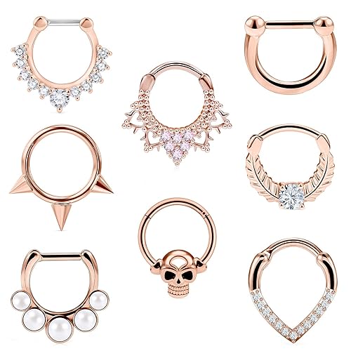 Vsnnsns 16G Septum Jewelry Septum Ring Piercing Jewelry Septum Clicker Ring and Horseshoe Barbell Stainless Steel Ring Septum Nose Rings Hoop Piercing Jewelry for Men Women 10mm 12pcs - Rose Gold 8pcs