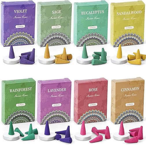 LA BELLEFÉE Incense Cones with Holder, 120 Pcs Mixed Natural Fall Scents Deco Sandalwood Lavender Rose Sage Cinnamon Eucalyptus Rainforest Violet, 8 Assorted Boxes Valentines Day Gifts for Her - Sandalwood, Lavender, Rose, Sage, Eucalyptus etc.