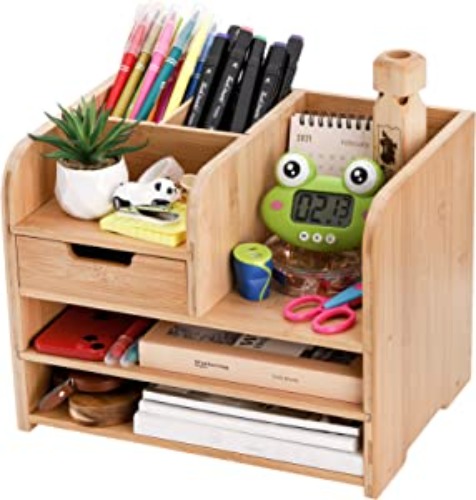 Frcctre Bamboo Desktop Organizer with Drawer, 3 Tier Wooden Desk File Document Organizer with Pen Holder, Tabletop Stationery Storage Organizer Storage Rack for Desk Accessories, Office Supplies