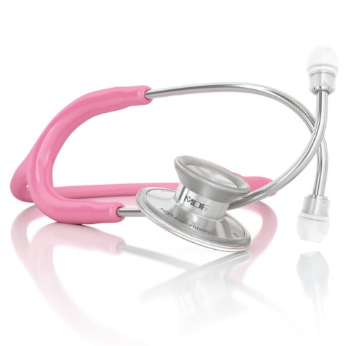 MDF Acoustica Lightweight Stethoscope for Doctors, Nurses, Students, Home Health Use, Adult, Dual Head, Pink Tube, Silver Chestpiece-Headset, MDF747XP01 - Silver - Pink