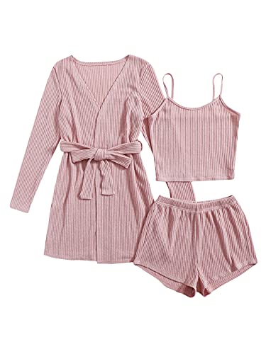 SOLY HUX Womens Pajama Sets 3 Piece Lounge Set Ribbed Knit Cami Top and Shorts Soft Sleepwear with Robe Cardigan - Large - Pink