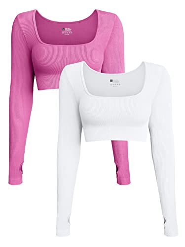 OQQ Women's 2 Piece Crop Top Ribbed Seamless Workout Exercise Long Sleeve Crop Tops - Rose,white - Large