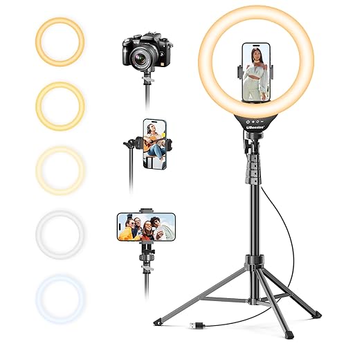 UBeesize 12'' Selfie Ring Light with 62’’ Tripod Stand for Video Recording, Live Streaming(YouTube, Instagram, TIK Tok), Compatible with Phones, Cameras and Webcams - White,Warm,Daylight - Black