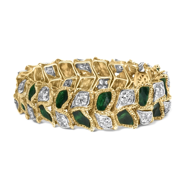 18K Yellow Gold 3 1/4 Cttw Diamond and Green Enamel Gold Textured Bracelet (G-H Color, VS1-VS2 Clarity) - 7 Inches