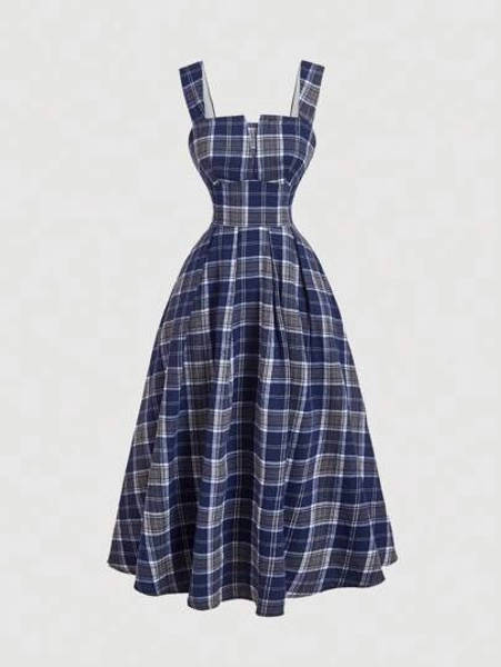 SHEIN MOD Women Plaid Mid-Length Slip Dress,Back To School,Fall Women Outfits,Halloween Dress,Vintage Outfits,Flared Dress,70s Outfits,Fall Dresses,Prom Dress,Summer Dress,Plaid Dress,Bachelorette Outfits