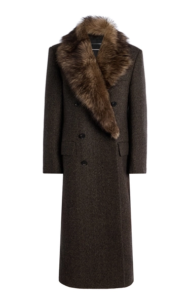 Edina Shearling-Trimmed Herringbone-Wool Double-Breasted Coat