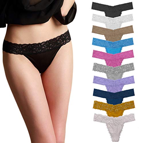 Pmrxi Pack 10 Lace Thong for Women Plus Size Panties Low Waist Cotton Thongs For Woman Tangas Underwear Assorted Colors - Medium - Assorted 10 Lace & Cotton