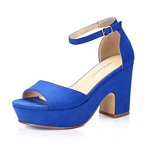 CAMSSOO Women's Platforms Wedges Sandals Suede Open toe Ankle Strap Fashion Wedding Sexy Dress Block Chunky High Heels Pumps Shoes - 11.5 - Blue Velvet
