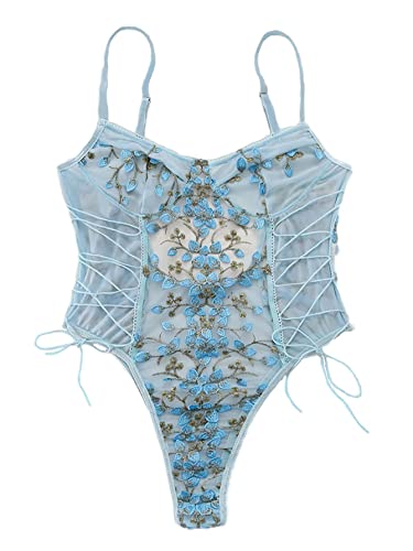 Lilosy Women Sexy Lace Up Floral Embroidered Teddy Lingerie Bodysuit Top Mesh Sheer One Piece - Medium - Light Blue