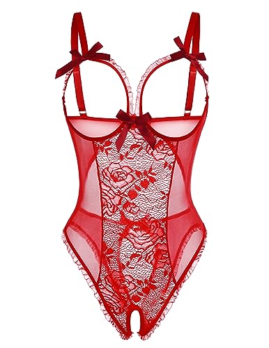 Avidlove Women One Piece Lingerie Sexy Lace Babydoll Mini Bodysuit - Medium - Wine Red#