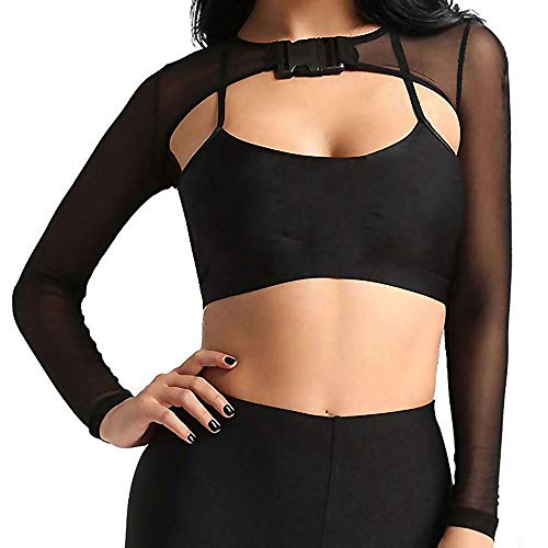 Ypser See Through Mesh Crop Top Sheer Open Front Shrug Fishnet Cover Ups with Buckle - Black - Medium