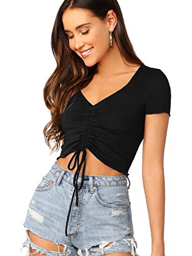Verdusa Women's Ruched Drawstring Front V Neck Crop Tee Top - Medium - #1 Black