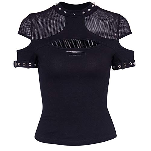 Women's Grunge Gothic Crop Tops Punk Tanks Haraku T-Shirt Casual Camisole for Girls Cold Shoulder Sexy Tees - Black 3 - Medium