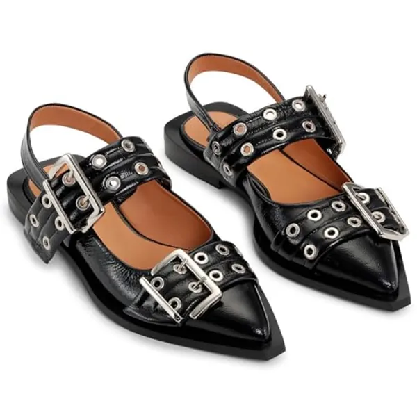 Yishaweiqi Wide Welt Buckle Ballet Flats for Women Slingback Flats Casual Ballerina Shoes Flat Squared Block Heel Pumps