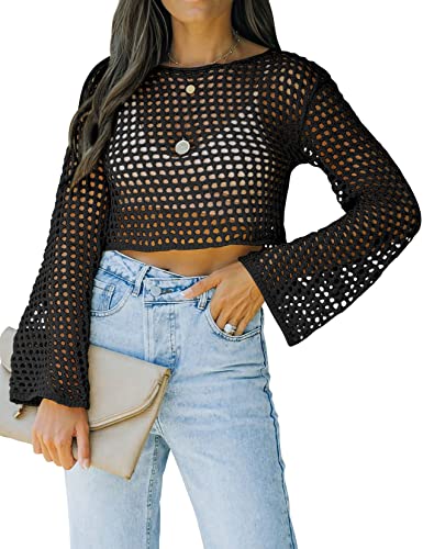 Womens Fishnet Crochet Crop Top Sexy Long Sleeve See Through Hollow Out Mesh Bikini Cover Ups - Medium - Black