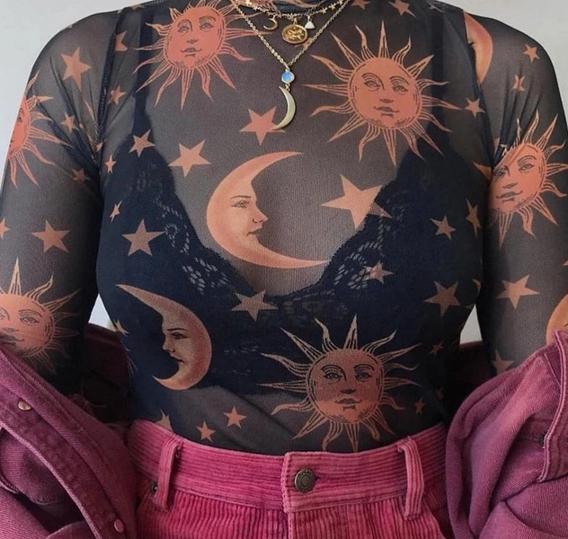 'Celestial Sunset' black mesh moon and star top