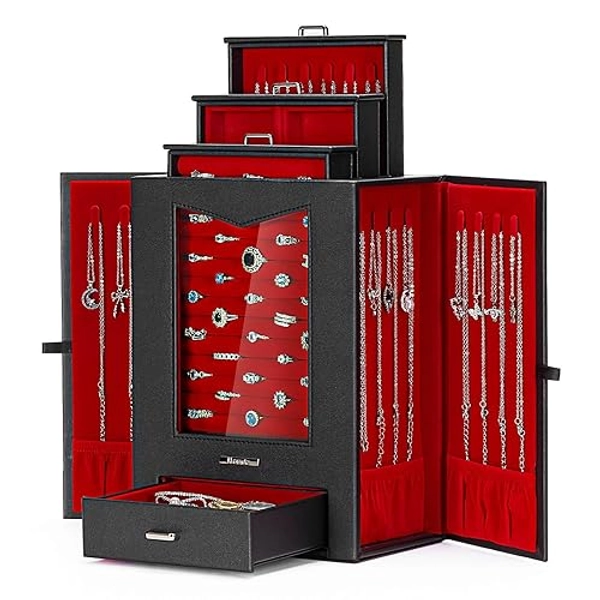 Homde Jewelry Organizer with Transparent Window Necklace Hooks Gift for Women Jewelry Box Display Case for Necklaces Rings Earrings Bracelets and Other Accessories (Black + Red)