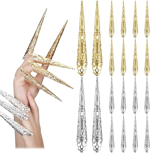 20 Packs halloween Finger Nail Claw Rings Ancient Queen Fingernail Claw Metal Finger Knuckle Claw for Halloween Women Cosplay Costume Drama Dance Show (Gold, Silver)
