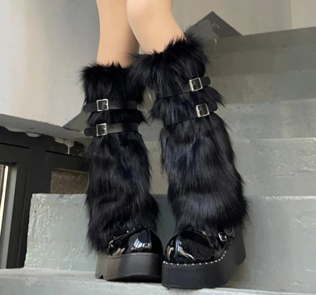 Punk Black Furry Gothic Lolita Leg Warmers - black / 38CM