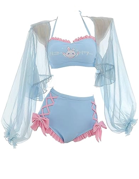 haikyuu Women Anime Bunny Bikini Set with Cover up Kawaii Two Piece Swimsuit Lace-up Bathing Suit