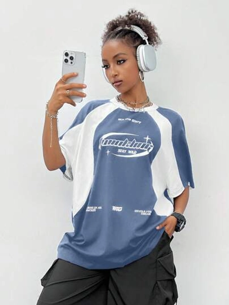 Coolane Women Casual Race Car Print Oversize Patchwork Two-Tone Raglan Sleeve T-Shirt