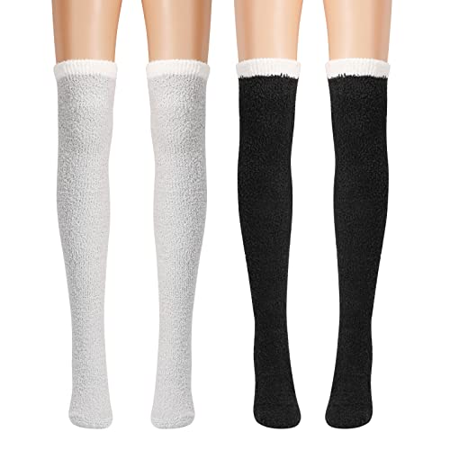 QKURT 2 Paar Oberschenkelstrümpfe, Korallen-Fleece-Überkniestrümpfe Winter-Beinwärmer flauschige weiche Thermo-Kniestrümpfe für Frauen Mädchen - Einheitsgröße - Schwarz,Grau