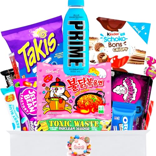 Süßigkeiten Box Trend Sachen - Prime Drink, Buldak Ramen, Schokobons crispy, Takis blue etc. - Amerikanische Süßigkeiten - Besondere Süssigkeiten Box - Süßigkeiten aus aller Welt