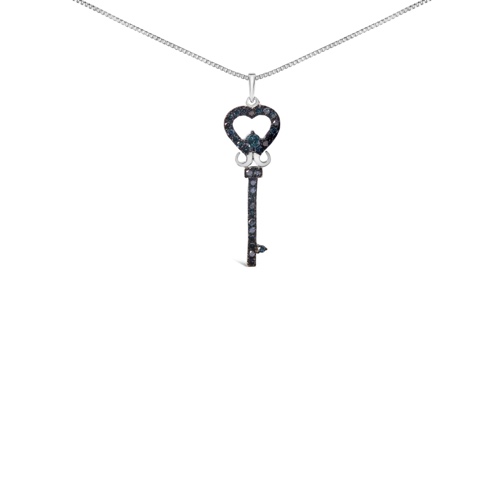 .925 Sterling Silver 1/3 Ctw Blue Diamond Studded Key 18" Pendant Necklace (Blue Color, I2-I3 Clarity)