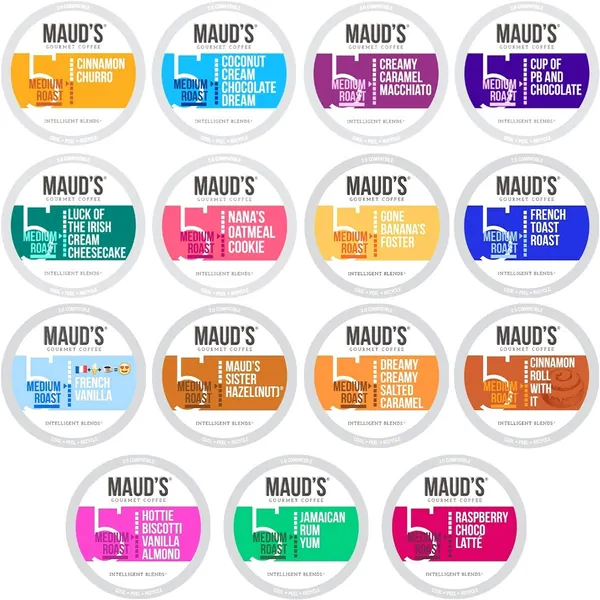Maud's Super Flavored Coffee Variety Pack, 80ct. Solar Energy Produced Recyclable Single Serve Flavored Coffee Pods Jam-Packed with 15 Flavors - 100% Arabica Coffee California Roasted, KCup Compatible