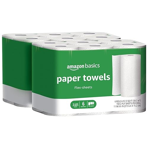 Amazon Basics 2-Ply Flex-Sheets Paper Towels, 12 Basics Rolls = 32 Regular Rolls, Everyday Value with 150 Sheets per Roll - 150 sheet (Pack of 12)