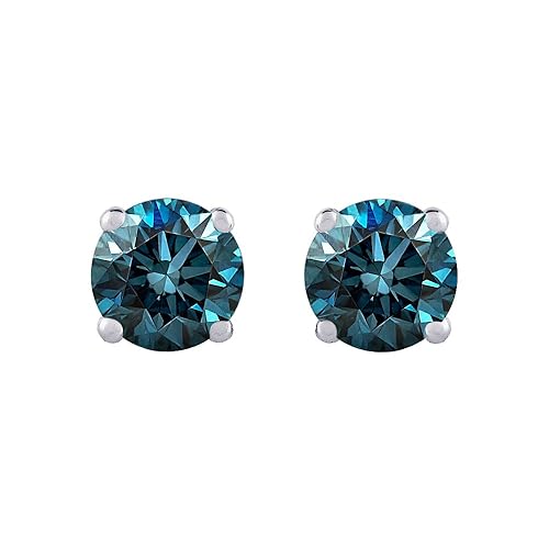 Blue - I1 Round Brilliant Cut Diamond Earring Studs in 14K Gold - White Gold - 0.96 carats