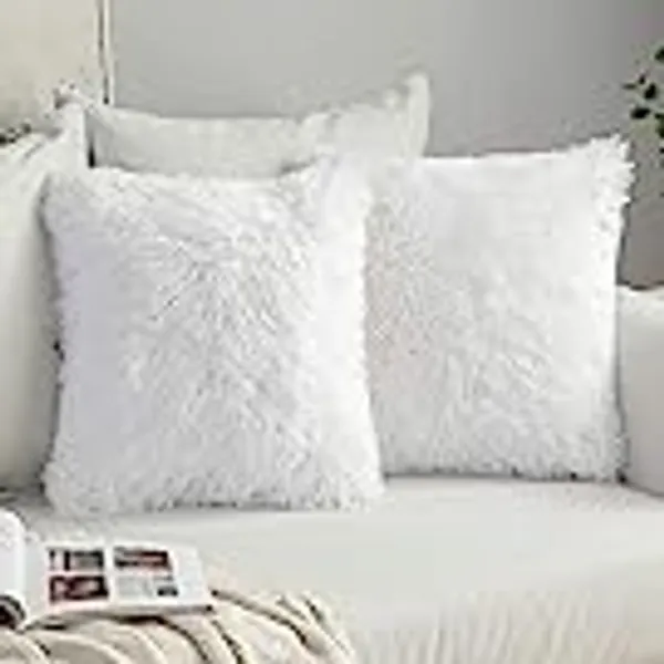 MIULEE Pack of 2 Decoration Luxury Faux Fur Throw Pillow Cover Winter Deluxe Decorative Plush Pillow Case Cushion Cover Shell for Sofa Bedroom Car 18 x 18 Inch White