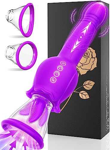 Rose Sex Toys for Women - 3in1 Rose Sex Toy with 2 Sucking Cups, Clitoral Nipple Vibrator with 7 Tongue Licking & 3 Thrusting G Spot Dildo, Adult Sex Toys Woman Sex Machine - Purple