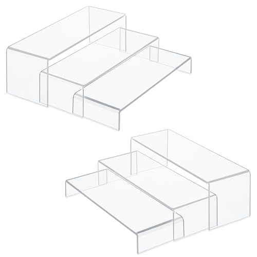 Famyards 8 Pcs Acrylic Risers(12",11.6",11.2", 9.8"), Clear Rectangular Retail Showcase Collectibles Display Shelf, Desktop Acrylic Display Stand Riser for Amiibo Funko Pop Figures Cupcake Dessert - 6 Pcs Large Rectangular (Clear)