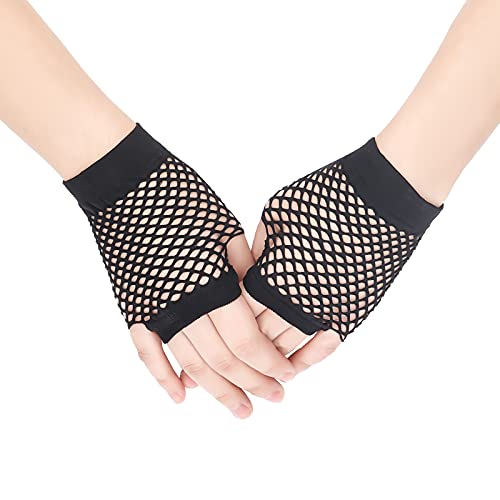 SAVITA 1 Pair Fishnet Short Glove Pierced Nylon Fingerless Mesh Gloves Funky Retro Elegant Stretchy Opera Evening Party 1920s Gloves for Women Parties Balls (Black)