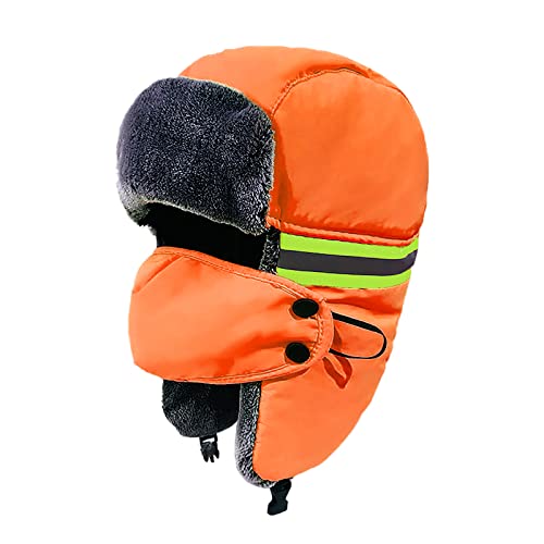 Trapper Hat Blaze Orange, Reflective Faux Fur Lined Trooper Avaitor Ski Cap with Ear Flaps Mask for Hunting