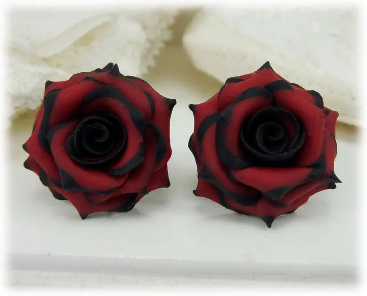 Black Tip Red Rose Earrings Stud or Clip On | Gothic Earrings | Gothic Rose Jewelry | Flower Earrings | Titanium Hypoallergenic