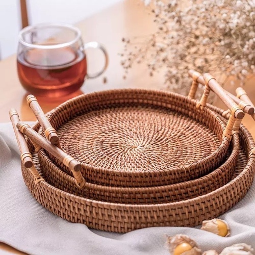 Round Rattan Tray with Handles - Medium
