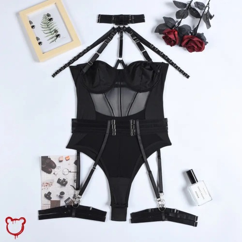 Black Gothic Suspenders Bodysuit Set - Black / L