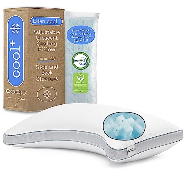 Coop Home Goods Eden Cool+ Crescent Pillow, King Size Plus Shaped Memory Foam Pillows with Cooling Gel, Back or Side Sleeper Pillow, Adjustable Neck Support for Sleeping, CertiPUR US/GREENGUARD Gold