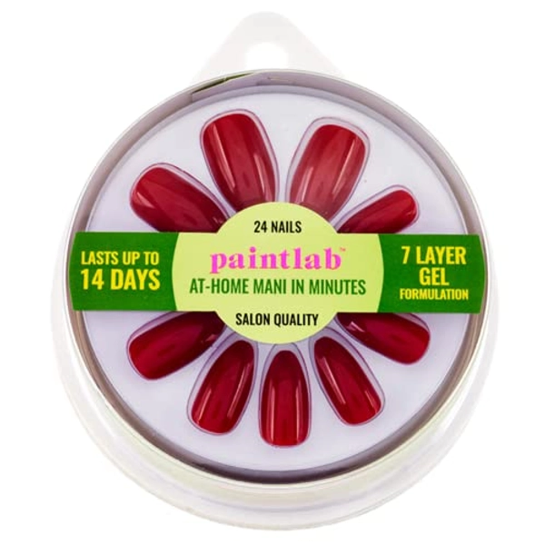 PaintLab Almond Press On Nails Medium Length - 24 Piece Fake Nails Plus Nail Glue, Nail File, Prep Pad and Cuticle Stick - Gel Press On Nail Kit - Easy Application with Strong Hold, True Red