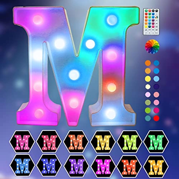 Light Up Colorful LED Marquee Letter lights, 18 Colors Changing Alphabet Letters Sign with Remote Timer for Night Light Girls Bedroom Wedding Birthday Party Lamp Christmas Home Bar Decor- Colorful M