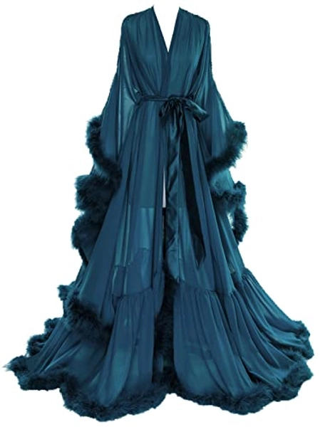 Changuan Womens Feather Bridal Robe Long Lingerie Robe Wedding Scarf Sexy Boudoir Robe Bathrobe Nightgown with Belt CPZ02