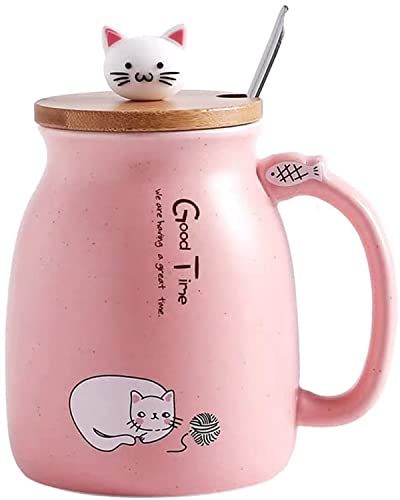 Goevcclei 380ml Tazze gatto,Tazza di caffè in Ceramica Carina,tazza personalizzata novità Morning Cup tè Latte，Cucchiaio in Acciaio Inossidabile （Rosa）