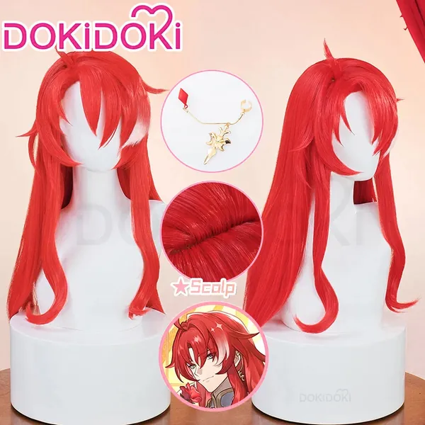 【Wig Ready For Ship】DokiDoki Game Honkai: Star Rail Cosplay Argenti Wig Long Curly Red Hair / Earring
