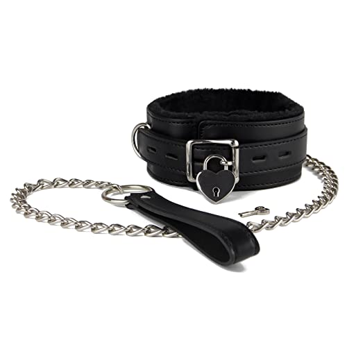 Leather Choker Collar with Long Traction Chain Rugged Durable and Collar Necklace Neck Size Adjustable Suitable for Pet Black (Black) - Black