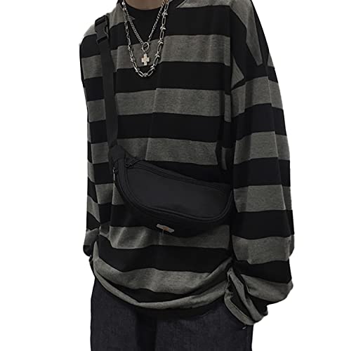 Unisex Oversized Stripe Long Sleeve T Shirts Gothic Harajuku Loose Crew Neck Summer Tee Tops - X-Large - Black