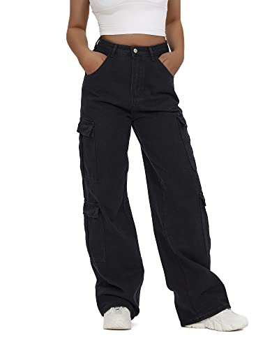 Women's High Waist Cargo Jeans Flap Pocket Baggy Cargo Pants Y2K Wide Leg Denim Jeans Y2K Streetwear Pants. - Large - Black